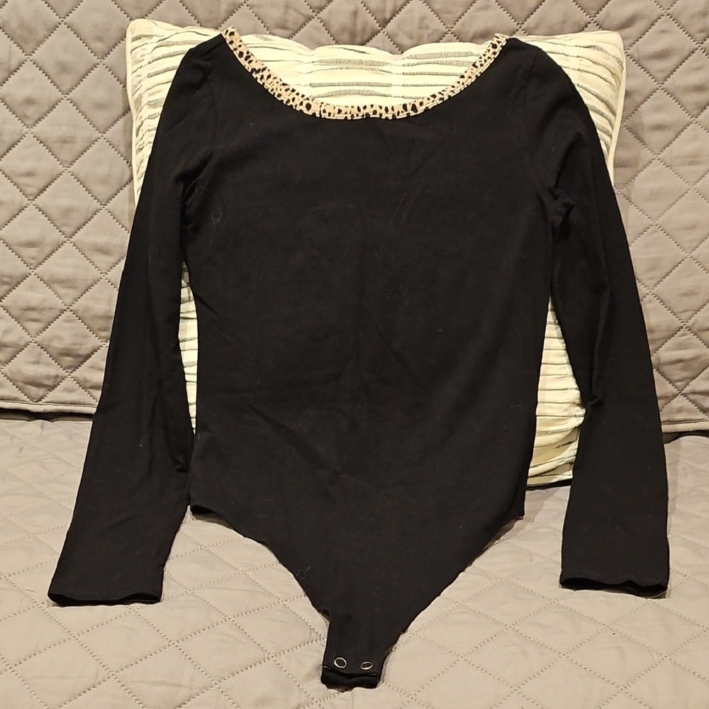 American Eagle Black Bodysuit with Animal Print Trim